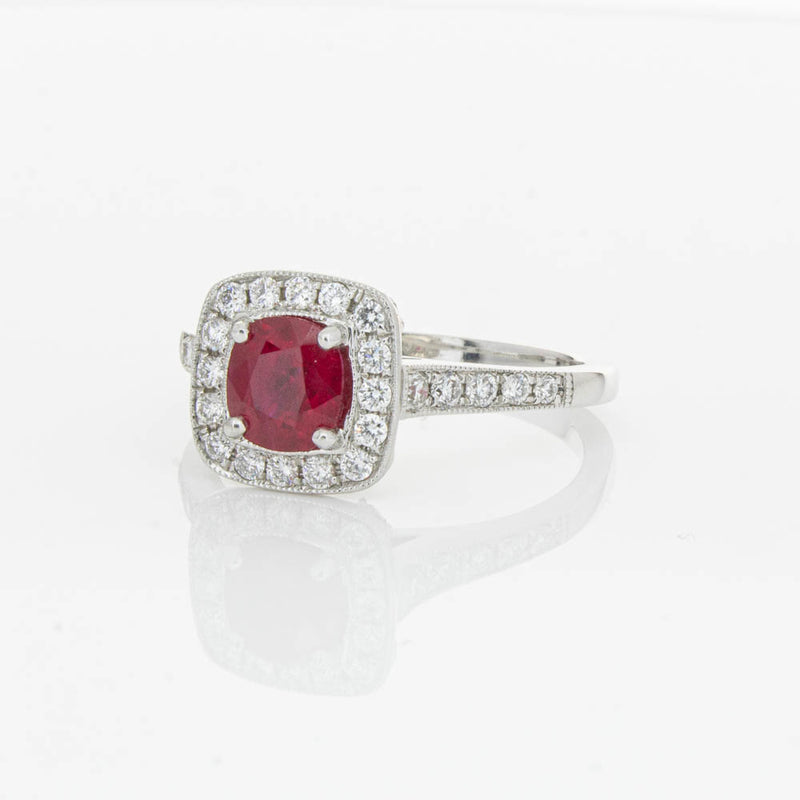 18ct White Gold Ruby And Diamond Halo Ring-Ring-Walker & Hall