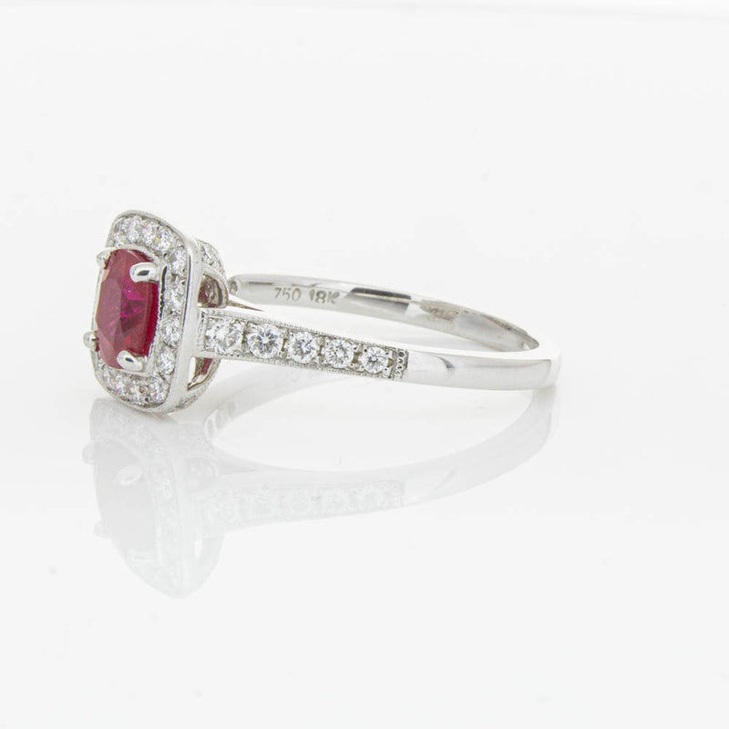 18ct White Gold Ruby And Diamond Halo Ring-Ring-Walker & Hall
