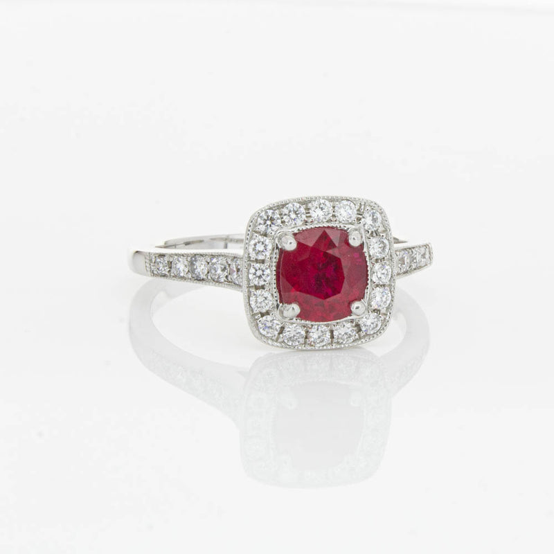 18ct White Gold Ruby And Diamond Halo Ring-Ring-Walker & Hall