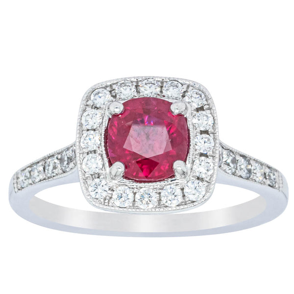 18ct White Gold Ruby And Diamond Halo Ring - Ring - Walker & Hall