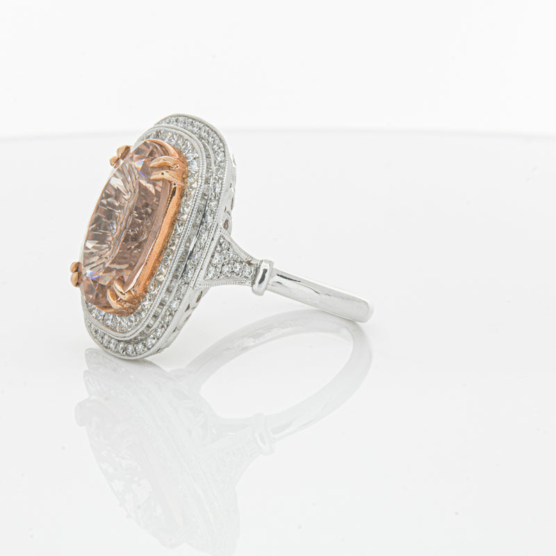 18ct White & Rose Gold Morganite & Diamond Halo Ring-Ring-Walker & Hall