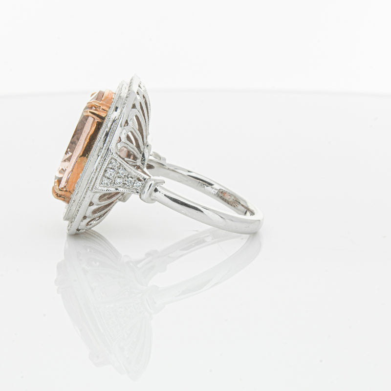 18ct White & Rose Gold Morganite & Diamond Halo Ring-Ring-Walker & Hall