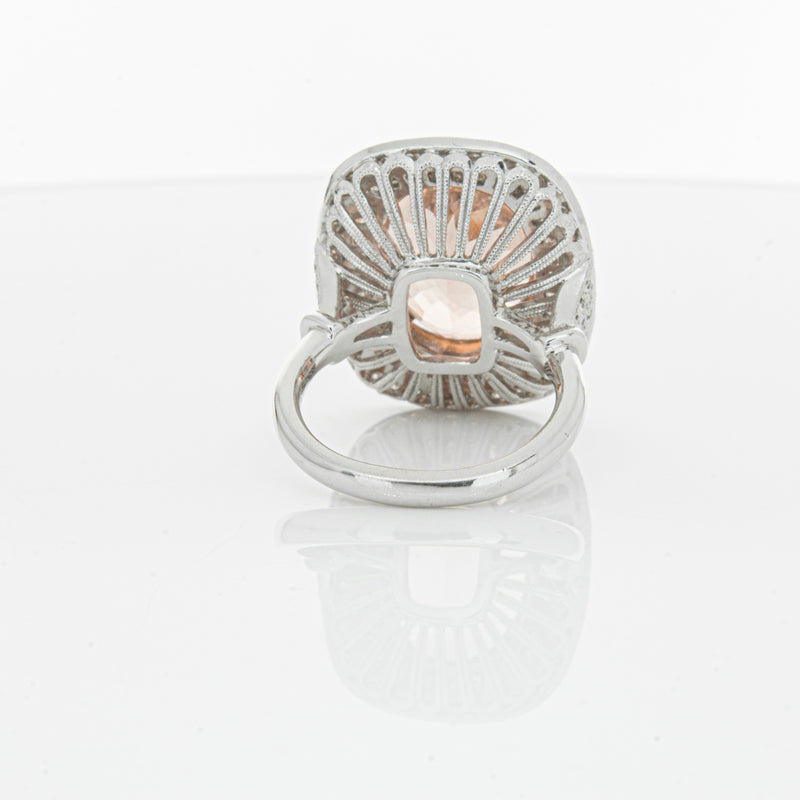 18ct White & Rose Gold Morganite & Diamond Halo Ring-Ring-Walker & Hall