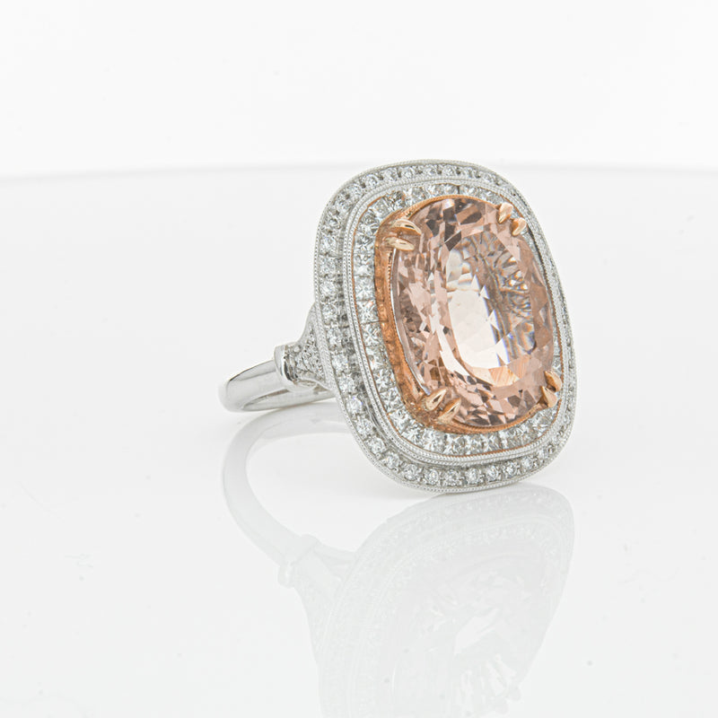 18ct White & Rose Gold Morganite & Diamond Halo Ring-Ring-Walker & Hall
