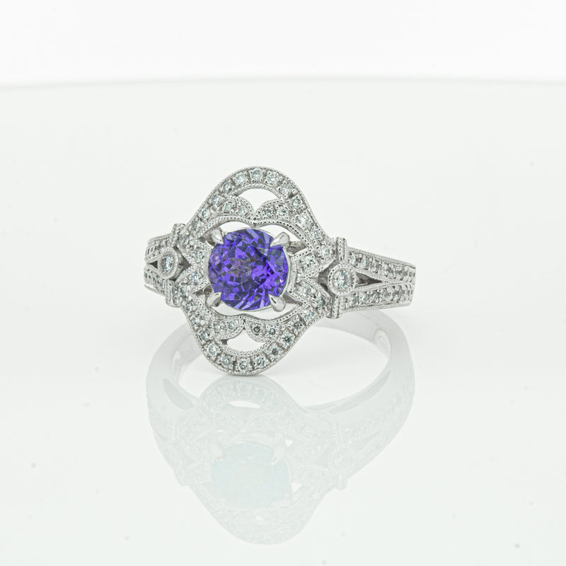 18ct White Gold .97ct Tanzanite & Diamond Halo Ring-Ring-Walker & Hall