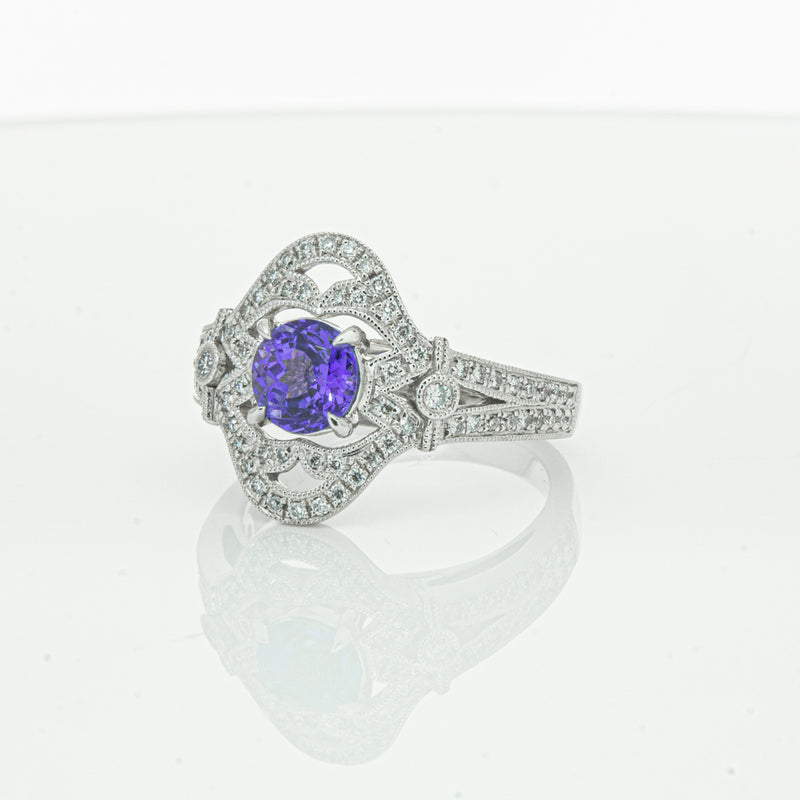 18ct White Gold .97ct Tanzanite & Diamond Halo Ring-Ring-Walker & Hall