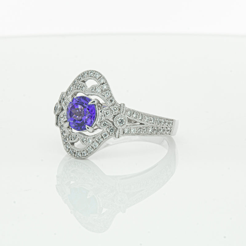 18ct White Gold .97ct Tanzanite & Diamond Halo Ring-Ring-Walker & Hall