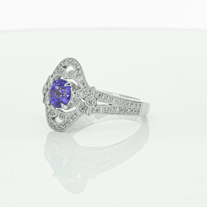 18ct White Gold .97ct Tanzanite & Diamond Halo Ring-Ring-Walker & Hall