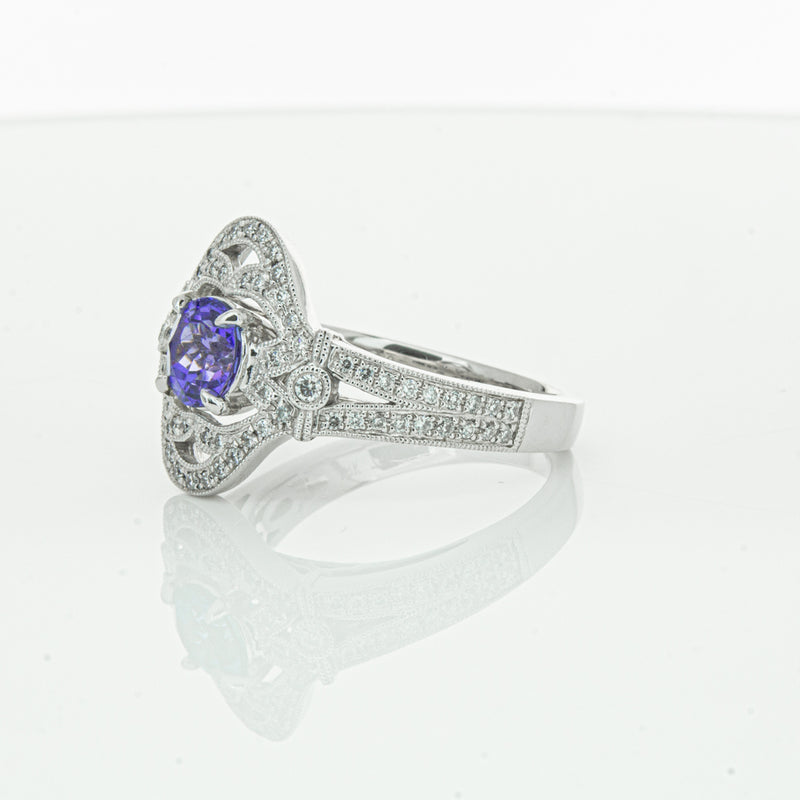 18ct White Gold .97ct Tanzanite & Diamond Halo Ring-Ring-Walker & Hall