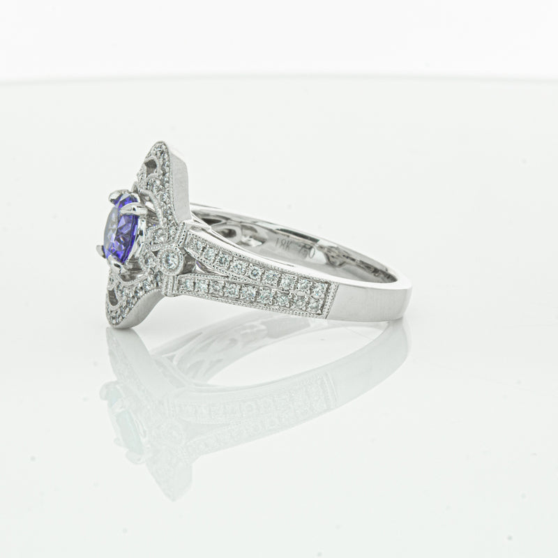 18ct White Gold .97ct Tanzanite & Diamond Halo Ring-Ring-Walker & Hall