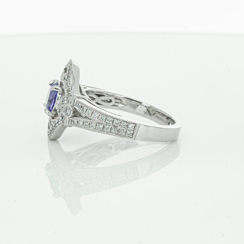 18ct White Gold .97ct Tanzanite & Diamond Halo Ring-Ring-Walker & Hall