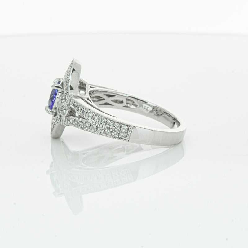 18ct White Gold .97ct Tanzanite & Diamond Halo Ring-Ring-Walker & Hall