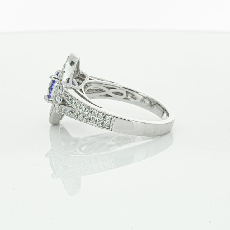 18ct White Gold .97ct Tanzanite & Diamond Halo Ring-Ring-Walker & Hall