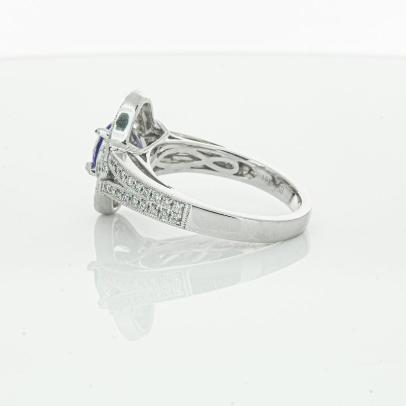 18ct White Gold .97ct Tanzanite & Diamond Halo Ring-Ring-Walker & Hall