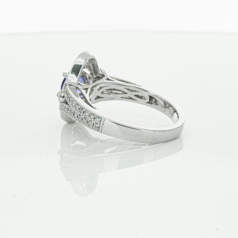 18ct White Gold .97ct Tanzanite & Diamond Halo Ring-Ring-Walker & Hall