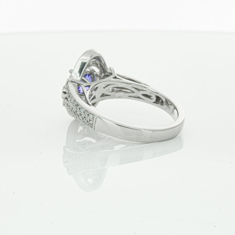 18ct White Gold .97ct Tanzanite & Diamond Halo Ring-Ring-Walker & Hall