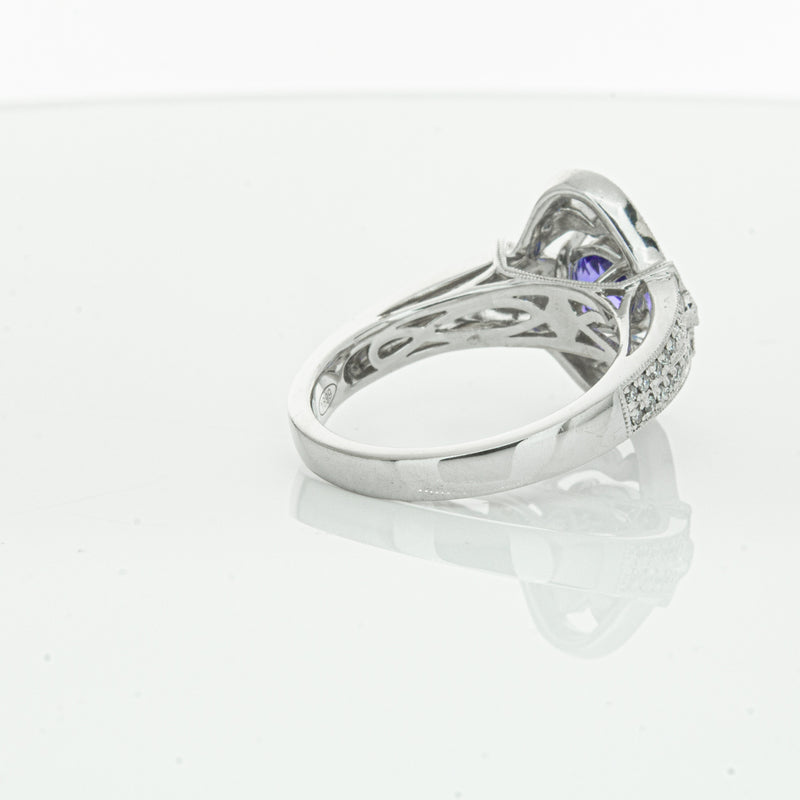 18ct White Gold .97ct Tanzanite & Diamond Halo Ring-Ring-Walker & Hall
