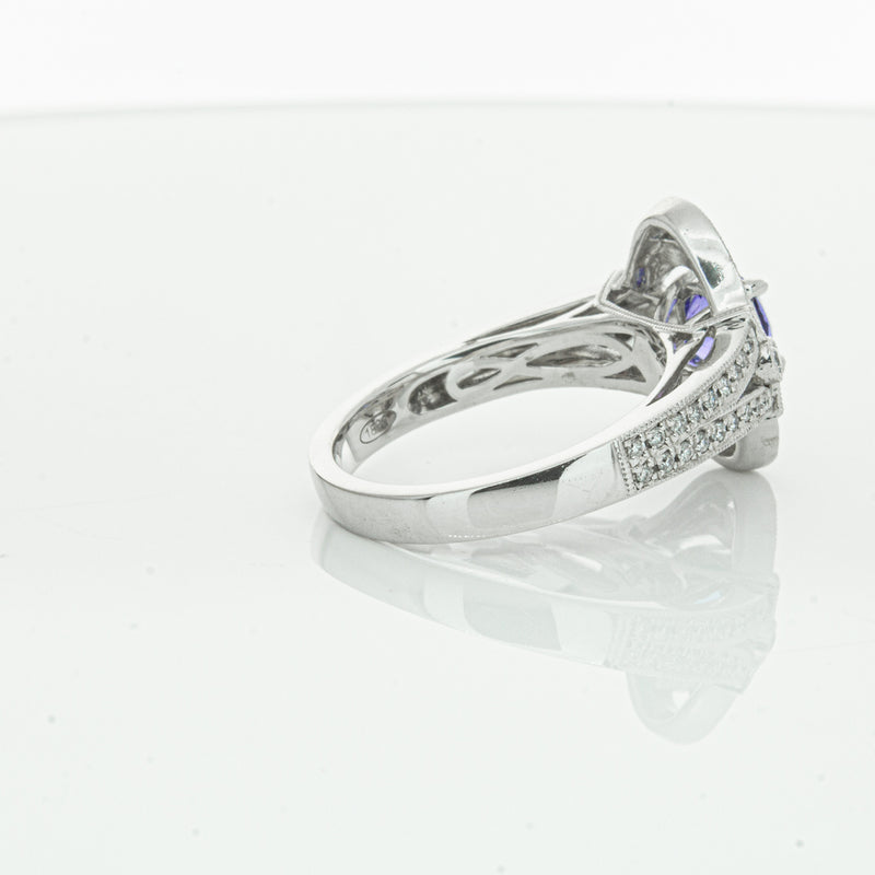 18ct White Gold .97ct Tanzanite & Diamond Halo Ring-Ring-Walker & Hall
