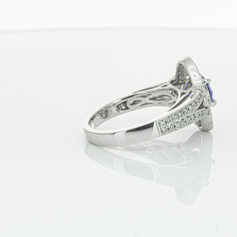 18ct White Gold .97ct Tanzanite & Diamond Halo Ring-Ring-Walker & Hall