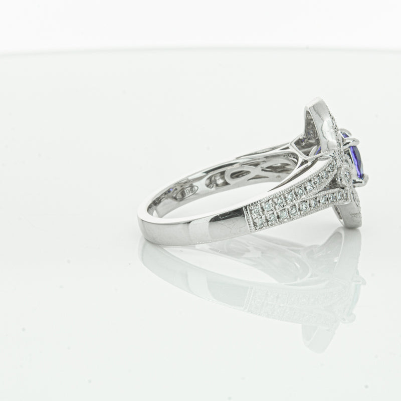 18ct White Gold .97ct Tanzanite & Diamond Halo Ring-Ring-Walker & Hall