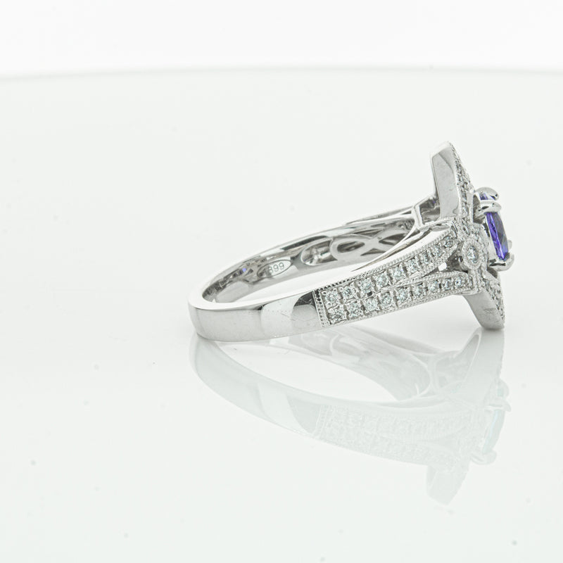18ct White Gold .97ct Tanzanite & Diamond Halo Ring-Ring-Walker & Hall