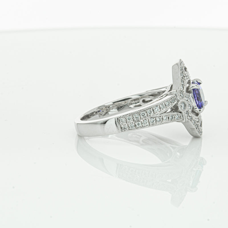 18ct White Gold .97ct Tanzanite & Diamond Halo Ring-Ring-Walker & Hall