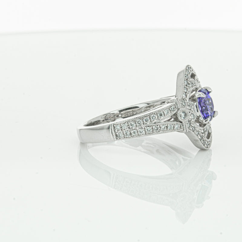 18ct White Gold .97ct Tanzanite & Diamond Halo Ring-Ring-Walker & Hall