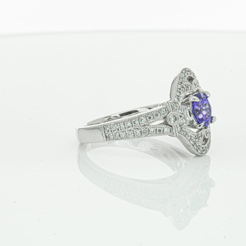 18ct White Gold .97ct Tanzanite & Diamond Halo Ring-Ring-Walker & Hall