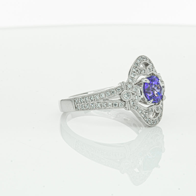 18ct White Gold .97ct Tanzanite & Diamond Halo Ring-Ring-Walker & Hall