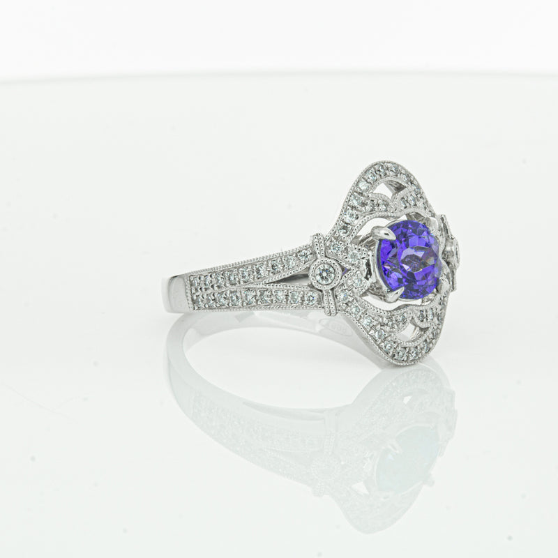 18ct White Gold .97ct Tanzanite & Diamond Halo Ring-Ring-Walker & Hall