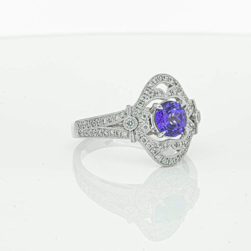 18ct White Gold .97ct Tanzanite & Diamond Halo Ring-Ring-Walker & Hall