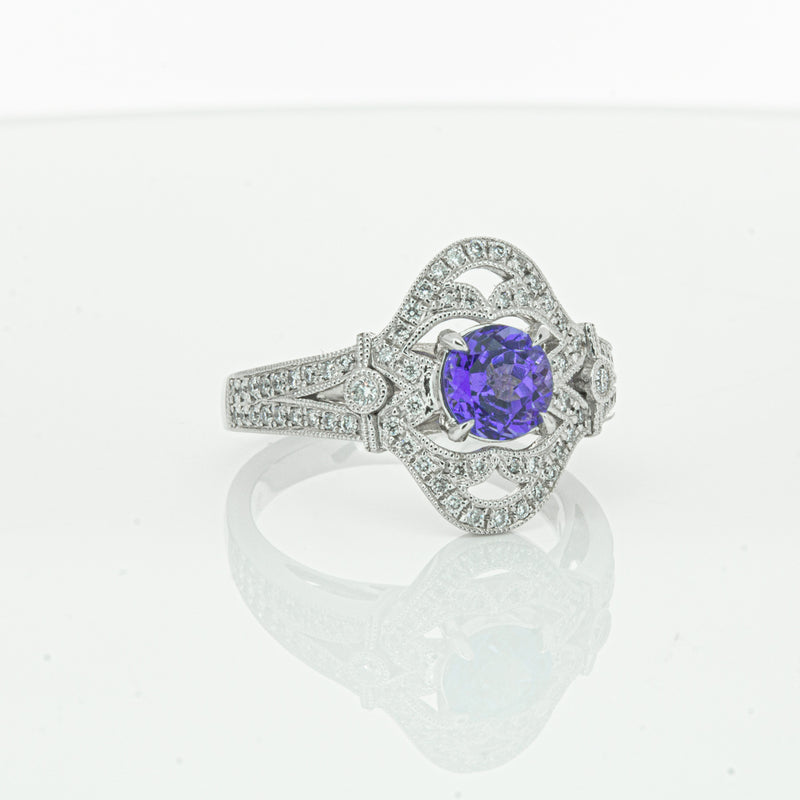 18ct White Gold .97ct Tanzanite & Diamond Halo Ring-Ring-Walker & Hall
