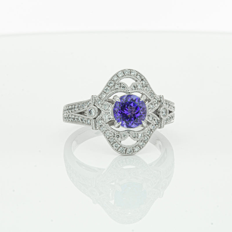 18ct White Gold .97ct Tanzanite & Diamond Halo Ring-Ring-Walker & Hall