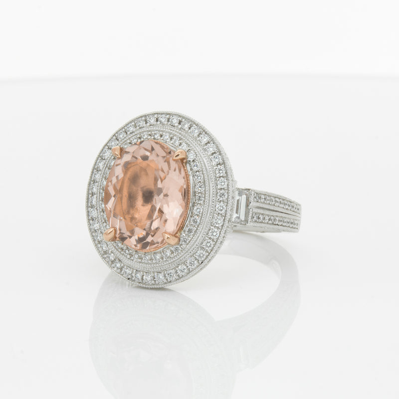 18ct White Gold 3.30ct Morganite & Diamond Halo Ring-Ring-Walker & Hall