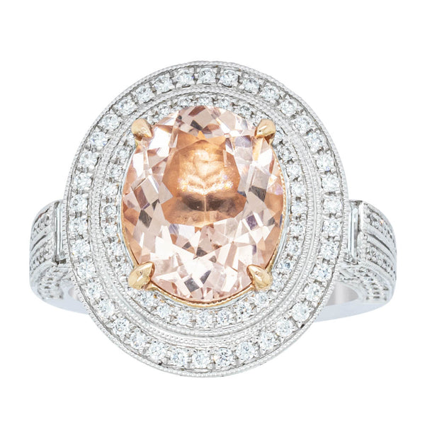 18ct White Gold 3.30ct Morganite & Diamond Halo Ring - Ring - Walker & Hall