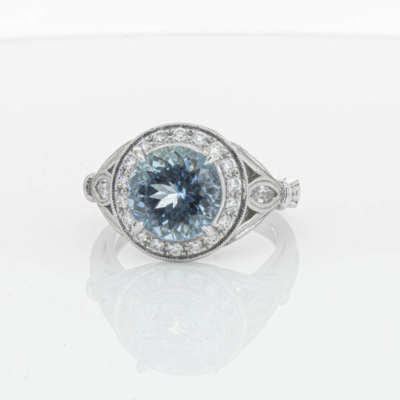 18ct White Gold Aquamarine & Diamond Halo Ring-Ring-Walker & Hall