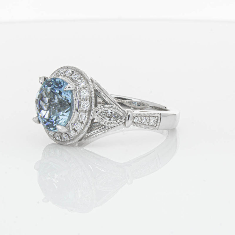 18ct White Gold Aquamarine & Diamond Halo Ring-Ring-Walker & Hall