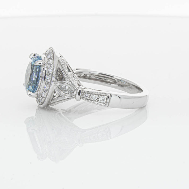 18ct White Gold Aquamarine & Diamond Halo Ring-Ring-Walker & Hall