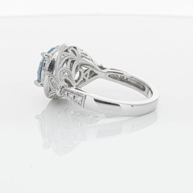 18ct White Gold Aquamarine & Diamond Halo Ring-Ring-Walker & Hall