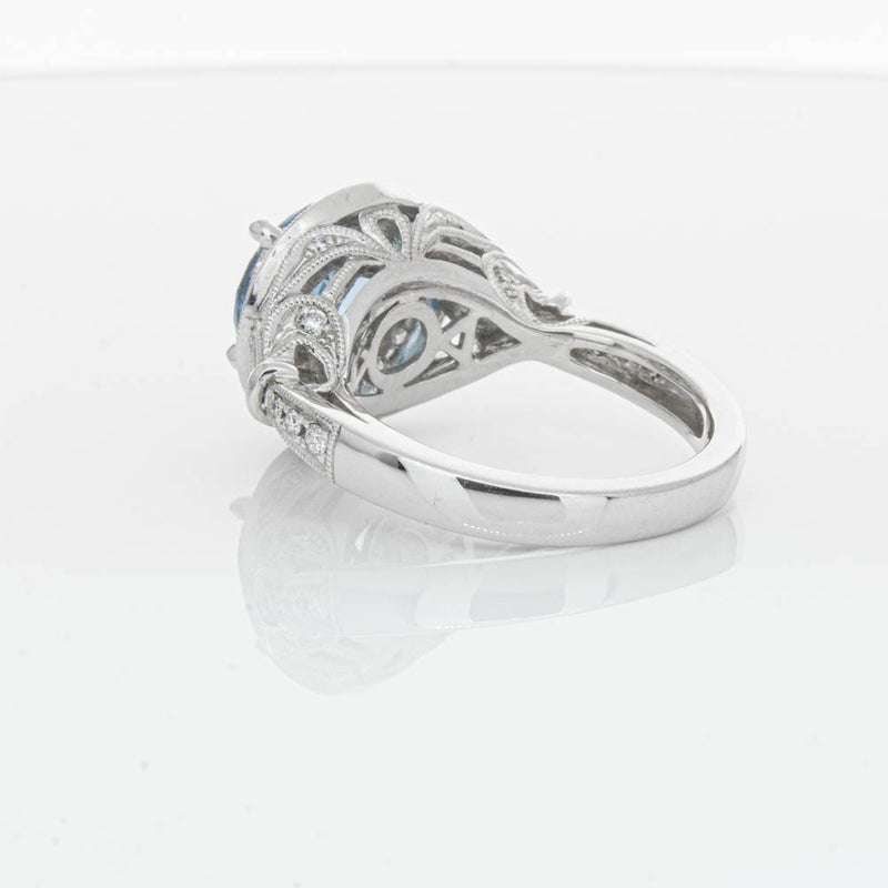 18ct White Gold Aquamarine & Diamond Halo Ring-Ring-Walker & Hall