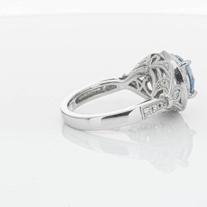 18ct White Gold Aquamarine & Diamond Halo Ring-Ring-Walker & Hall