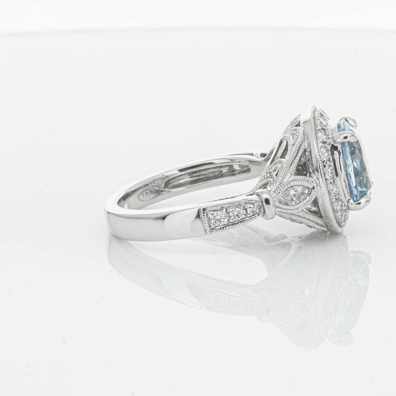18ct White Gold Aquamarine & Diamond Halo Ring-Ring-Walker & Hall