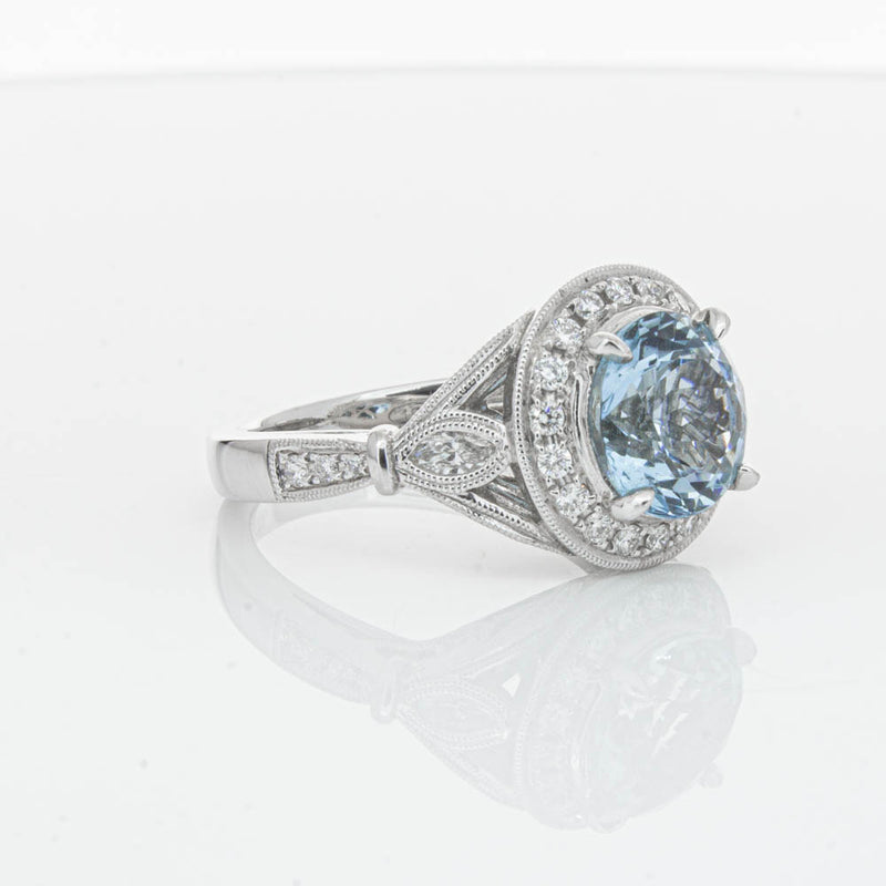 18ct White Gold Aquamarine & Diamond Halo Ring-Ring-Walker & Hall