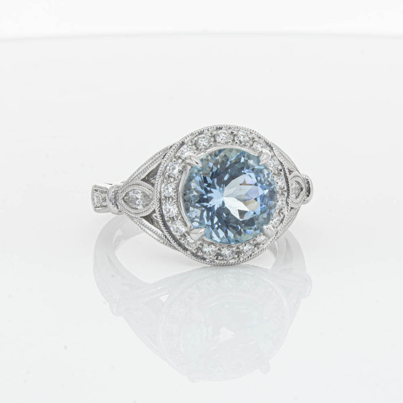 18ct White Gold Aquamarine & Diamond Halo Ring-Ring-Walker & Hall