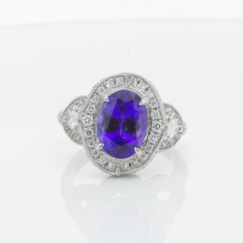 18ct White Gold Tanzanite & Diamond Halo Ring-Ring-Walker & Hall