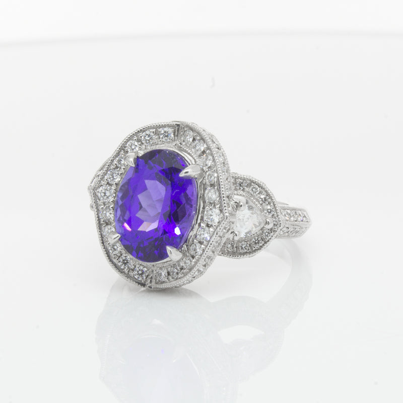 18ct White Gold Tanzanite & Diamond Halo Ring-Ring-Walker & Hall