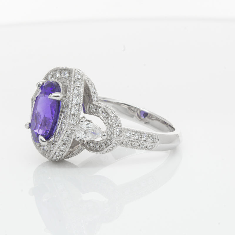 18ct White Gold Tanzanite & Diamond Halo Ring-Ring-Walker & Hall