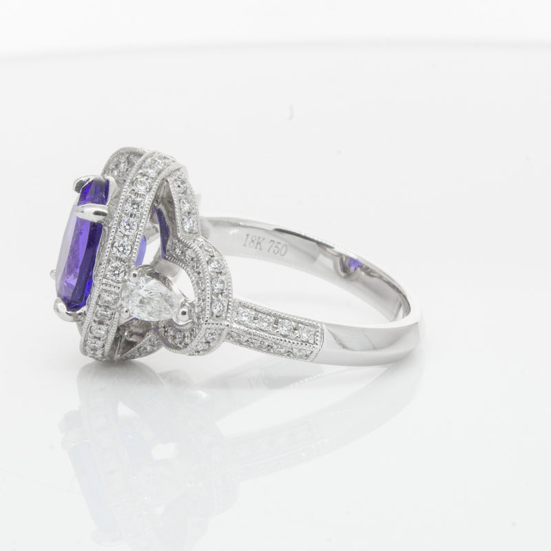 18ct White Gold Tanzanite & Diamond Halo Ring-Ring-Walker & Hall
