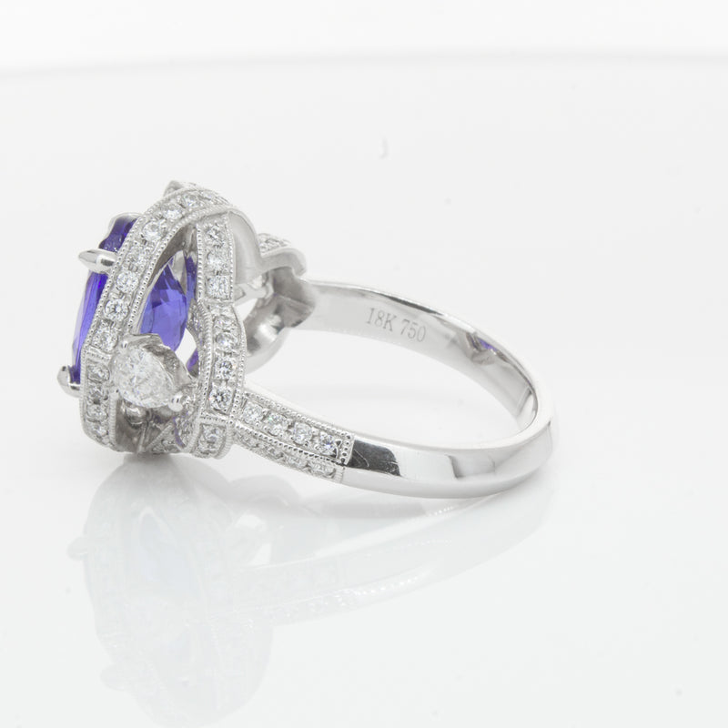 18ct White Gold Tanzanite & Diamond Halo Ring-Ring-Walker & Hall