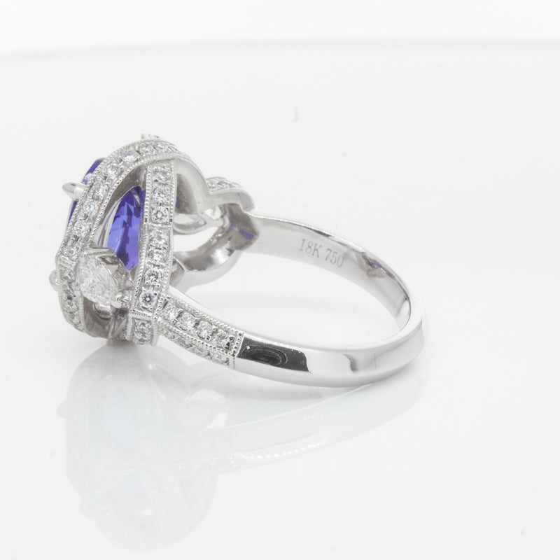 18ct White Gold Tanzanite & Diamond Halo Ring-Ring-Walker & Hall